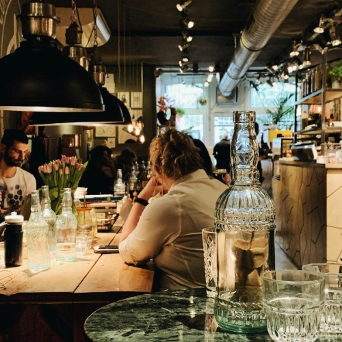people sitting at tables in a restaurant