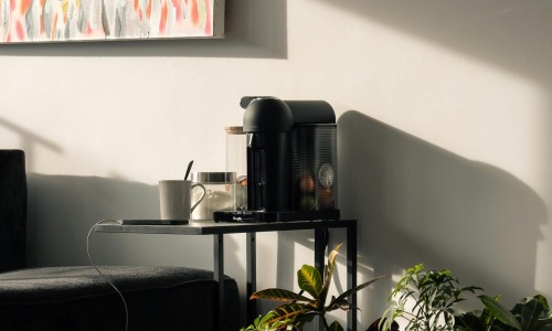 a table with plants and a painting on the wall