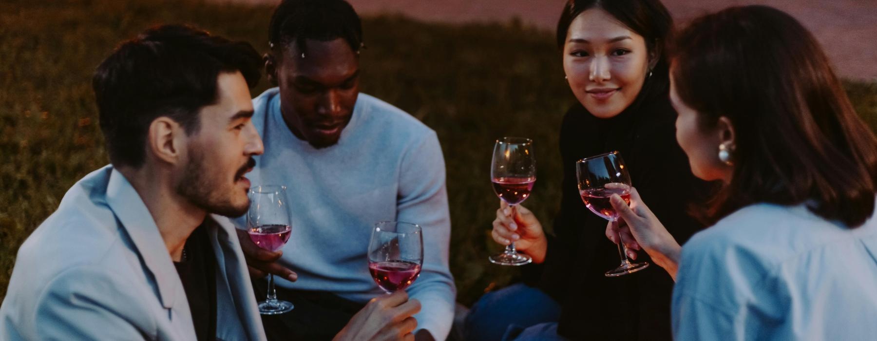 a group of people having a picnic with wine